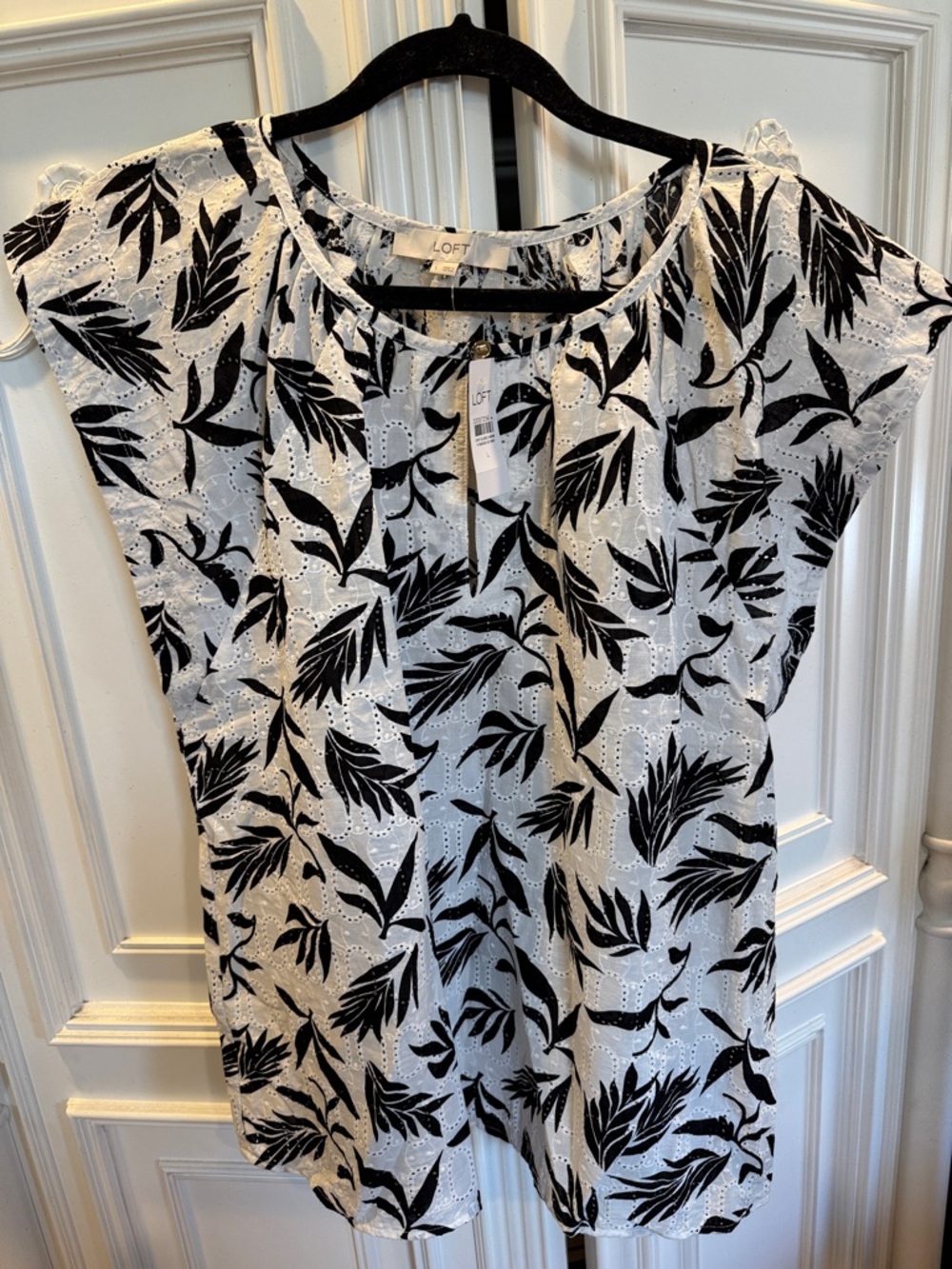 LOFT White Eyelet Top with Black Leaf Print